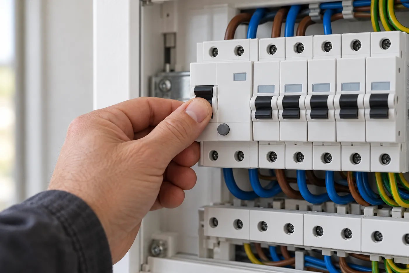 Main d'électricien réarmant un interrupteur différentiel sur un tableau électrique à disjoncteurs
