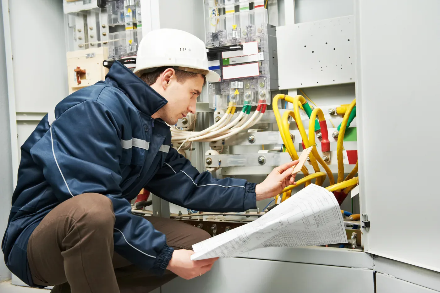 Électricien indépendant contrôlant un tableau électrique à Levallois-Perret (92300)